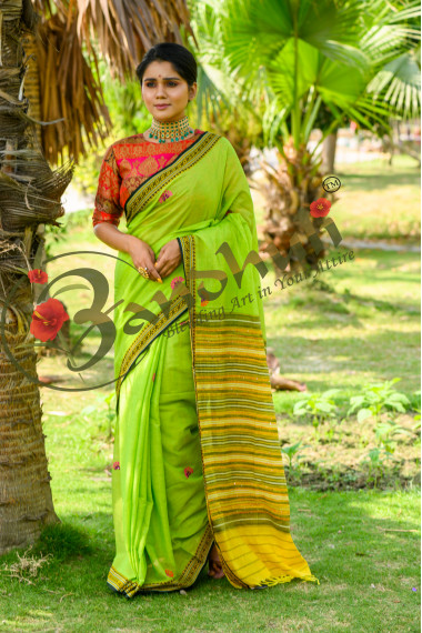 Pastel Parrot Green shade Mercerized cotton Hand Embroidery saree